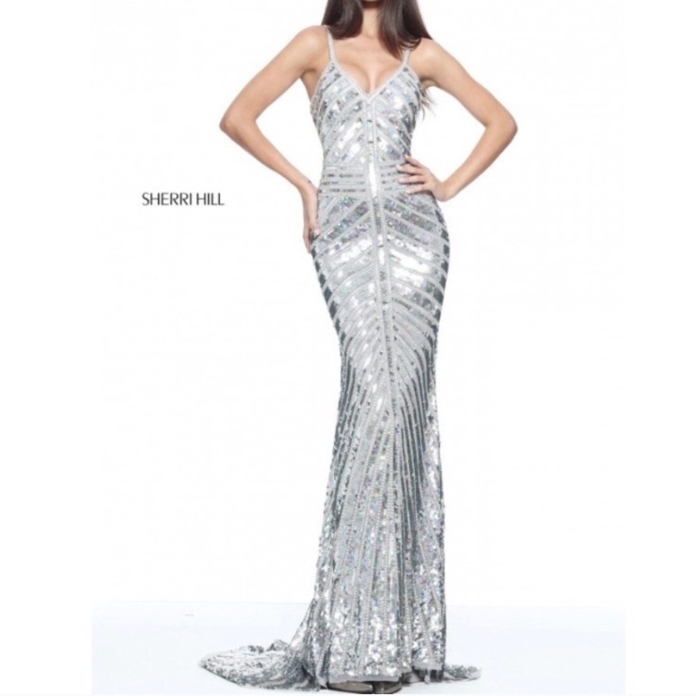 Sherri Hill 51206 silver sequin beaded gown